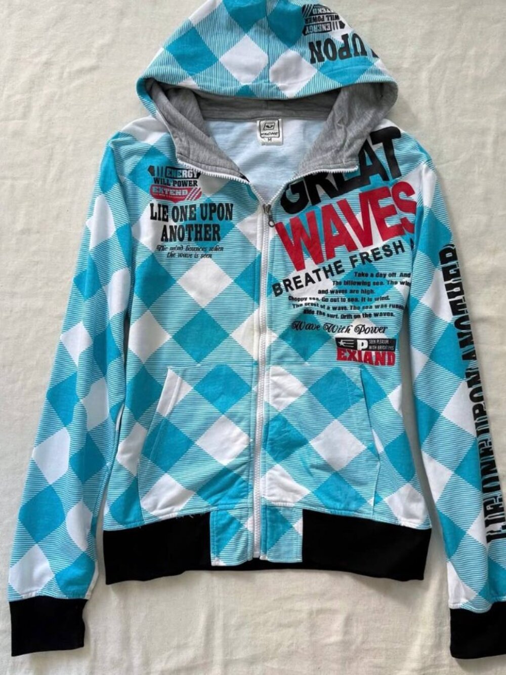 Y2K Blue White Graphic Zip Up Hoodie Jacket Argyle Print Vintage Streetwear